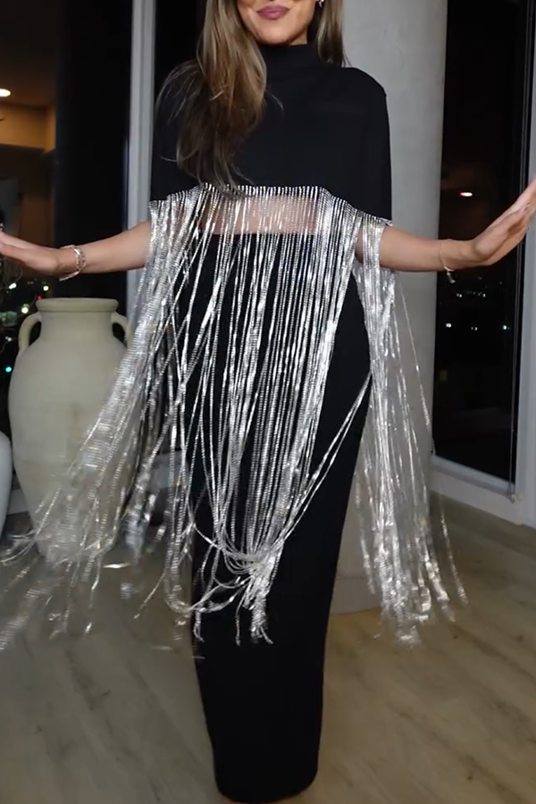 New Level Shiny Tassel Stand Neck Crop Cape Blouse-consonak