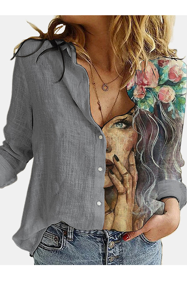 Figure Print Button Design Long Sleeve Casual Blouse-consonak