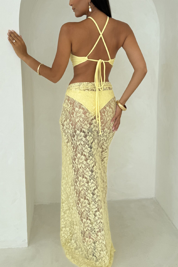 Solid Color Halter Neck Tie Stretch Two-piece Bikini Swimsuit and Sheer Lace Holiday Maxi Skirt Set