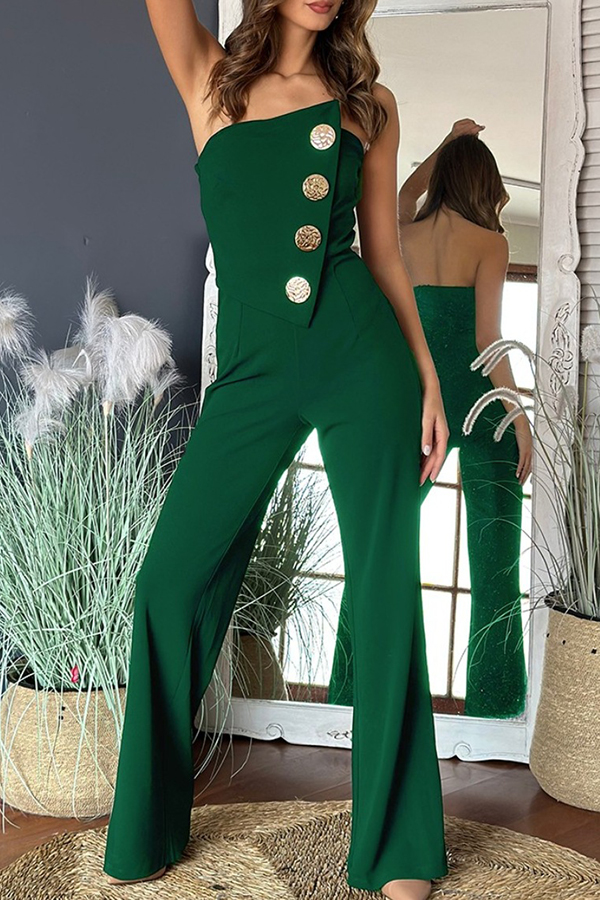 Solid Color Sexy Tube Top Gold Button Embellished Bootcut Jumpsuit-consonak