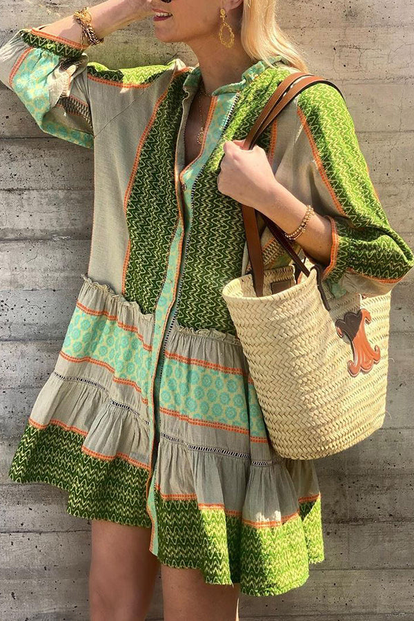 Look My Vacation Style Ethnic Print Button Loose Mini Dress-consonak