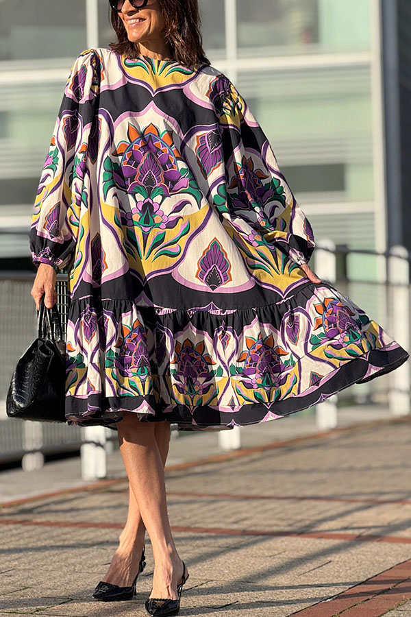 Jada Bold Geometric Print Long Sleeve Pocket A-line Loose Midi Dress