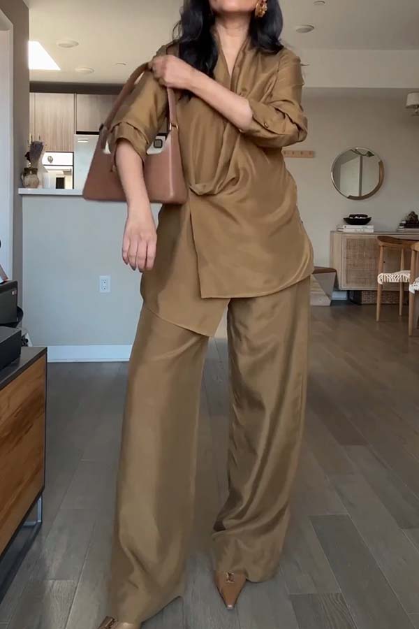 Bella Satin Drape Collar Single Button Casual Blazer and Elastic Waist Pocket Loose Pants Set-consonak