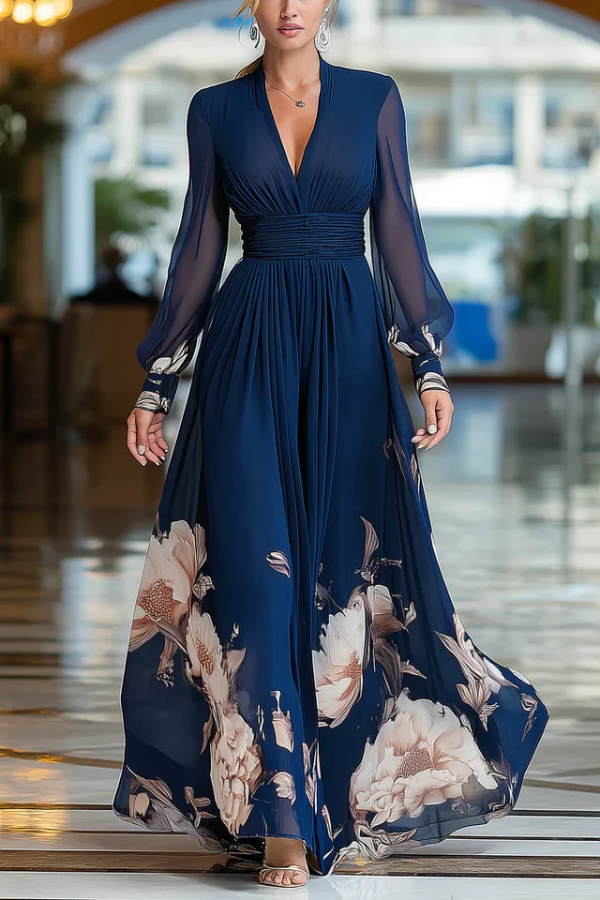 Floral Print Patchwork Mesh Long-sleeved V-neck Fitted Waist Maxi Dress | Consonak
