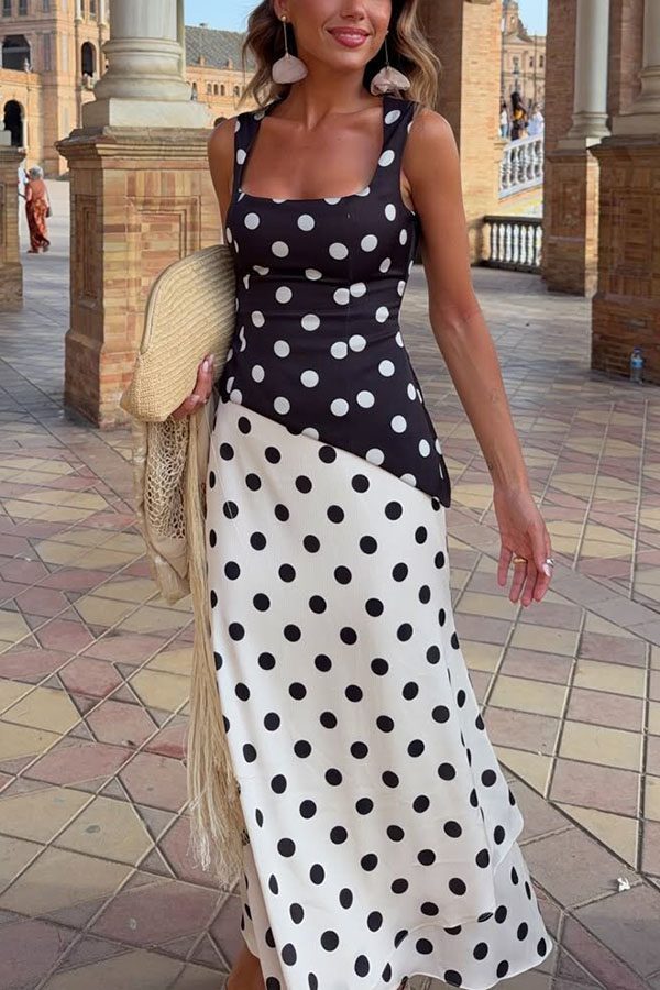 Andrea Contrast Polka Dot Print Square Neck Sleeveless Maxi Dress