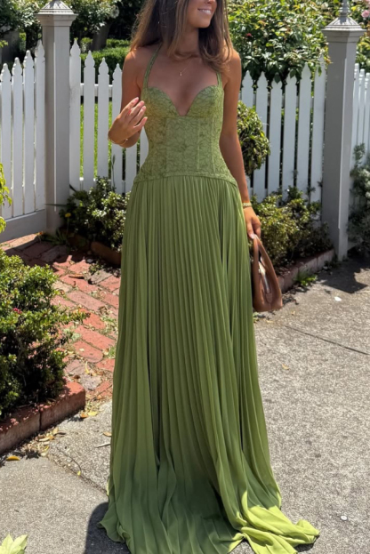 Elegant Lace Patchwork Halter Neck Tie Backless Pleated Maxi Dress-consonak