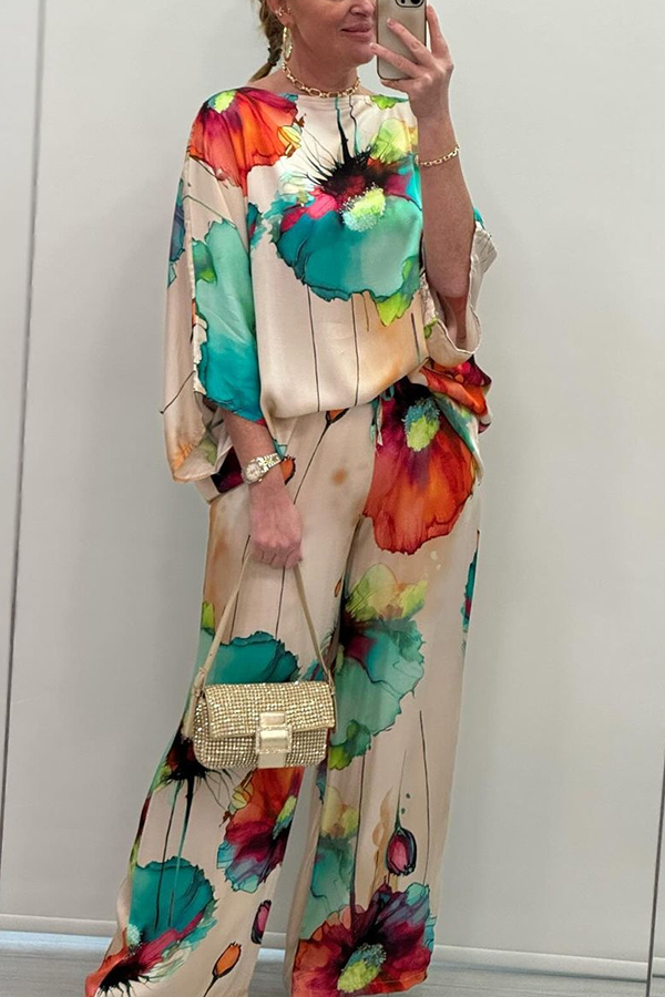 Satin Botanical Print Crew Neck Casual Top and Elastic Waist Loose Pocket Pants Set-consonak