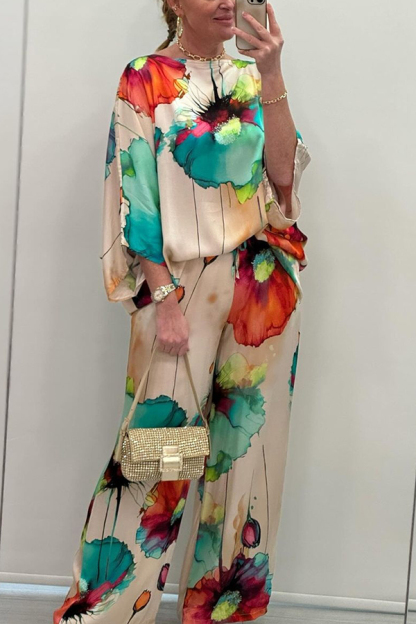 Satin Botanical Print Crew Neck Casual Top and Elastic Waist Loose Pocket Pants Set-consonak