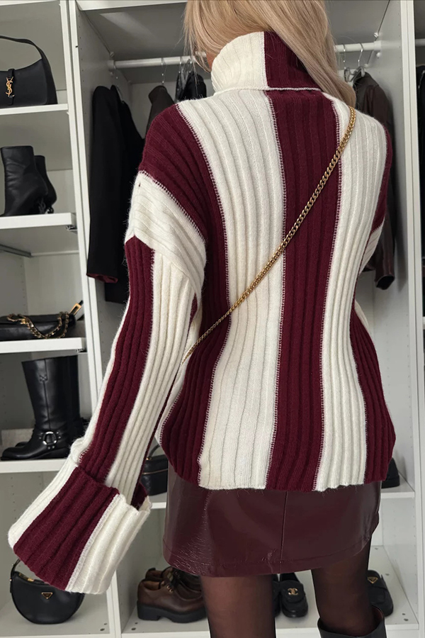 Comfort and Warmth Knit Color Block Long Sleeve Turtleneck Sweater-consonak