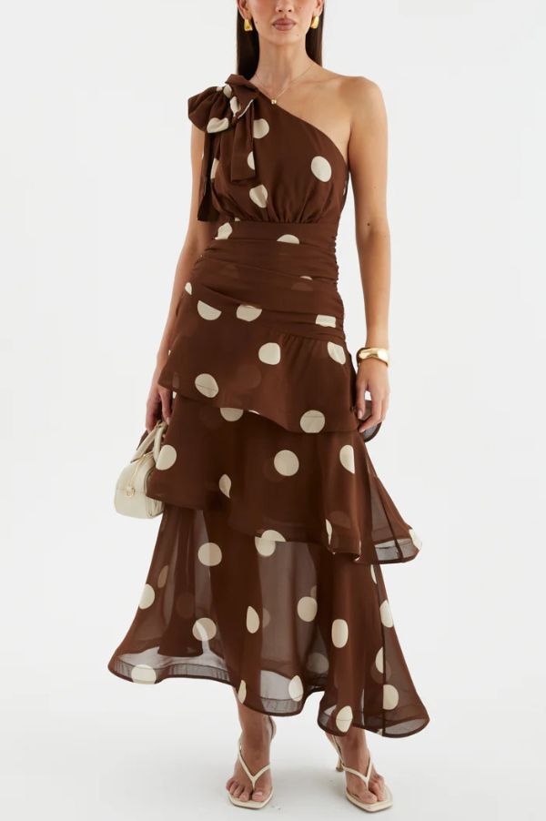 Fashionable Polka Dot Print One-shoulder Sleeveless Layered Mesh Maxi Dress | Consonak