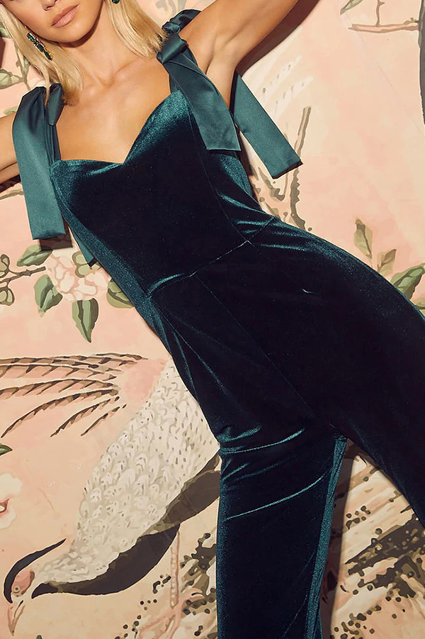 Merlot Sippin' Velvet Shoulder Tie Flare Stretch Jumpsuit-consonak