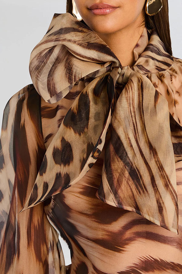 Peregrine Semi-sheer Silk Animal Print Bow Neck Balloon Sleeve Loose Blouse-consonak