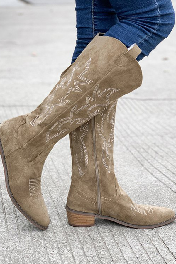 Retro Embroidered Block Heel Mid-calf Western Cowboy Martin Boots-consonak