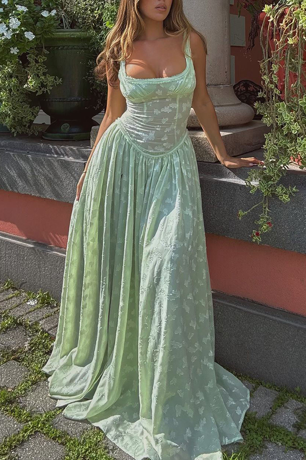 Garden Elf Lace Jacquard Textured Square Neck High Slit Maxi Dress-consonak