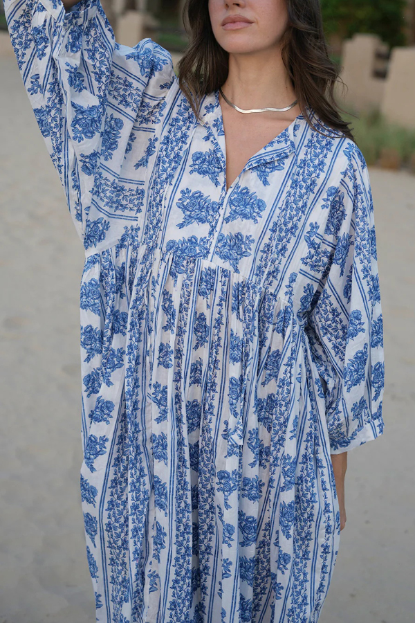 Botanical Print Loose-fitting Tie Casual Vacation Maxi Dress