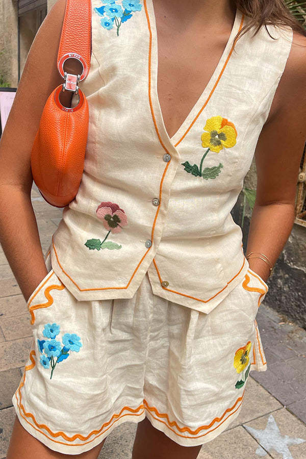 Summer Flower Printed Linen Blend Button Vest and Elastic Waist Pocketed Shorts Set-consonak