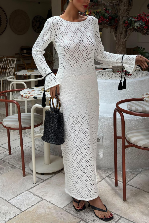 Solid Color Long-sleeved Tie Slim-fit Knit Openwork Cover-up Maxi Dress-consonak