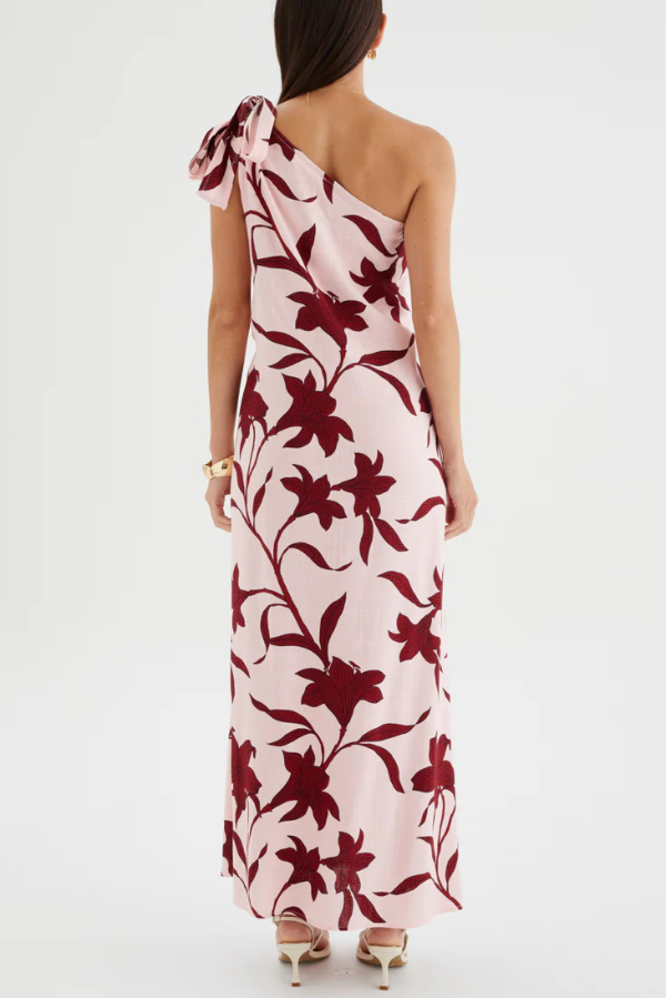 Botanical Print Sleeveless One-shoulder Tie-up Casual Vacation Maxi Dress-consonak