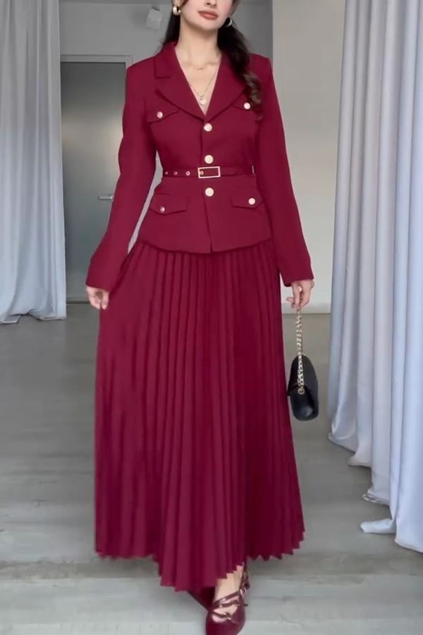 Solid Color Lapel Button Belt Blazer and Pleated Casual Maxi Skirt Set-consonak