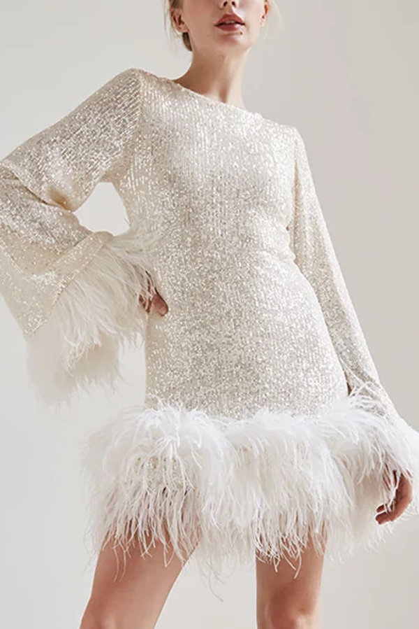 Stylish Sequined Feather Long-sleeved Sexy Backless Mini Dress-consonak