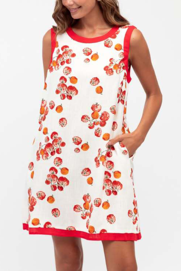 Tomato Print Loose Round Neck Sleeveless Casual Pocket Mini Dress