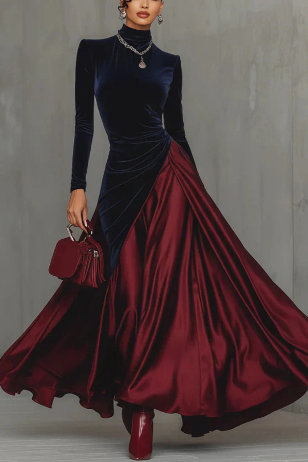 Velvet Color-blocked Casual High-neck Long-sleeved Slim-fit Maxi Dress