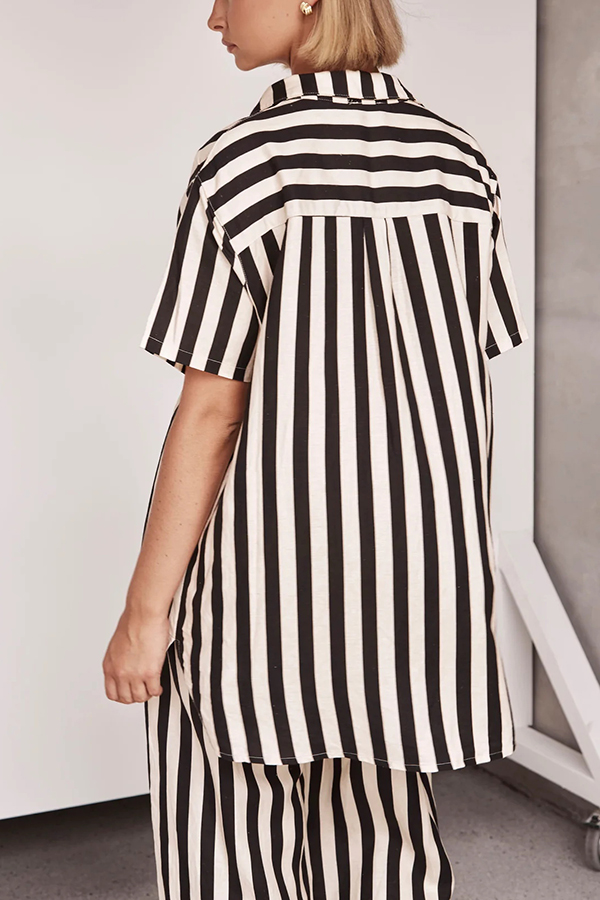 Erika Striped Casual Shirt and Elastic Waist Pocket Wide Leg Pants Set-consonak