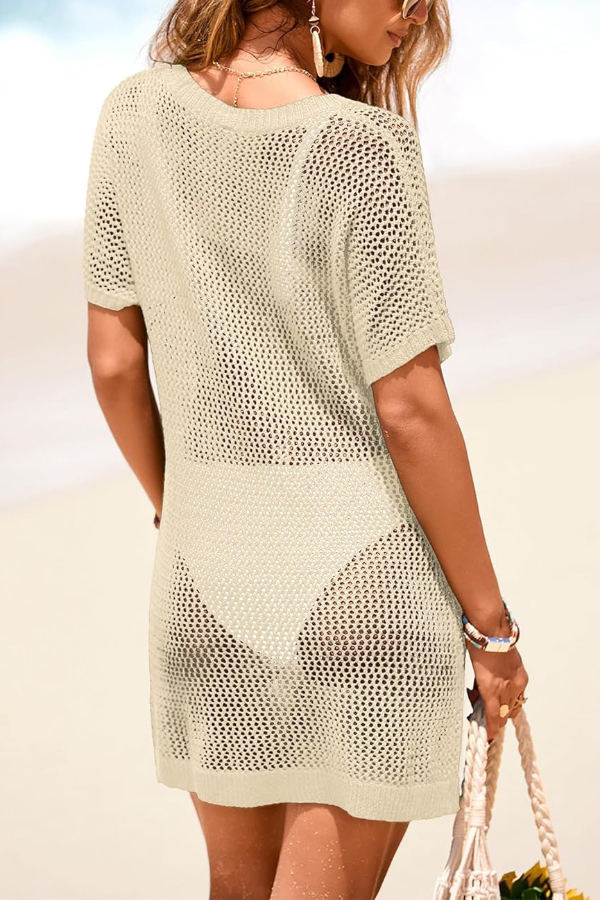 Floral-decorated V-neck Short-sleeved Crochet Cover-up Vacation Mini Dress-consonak