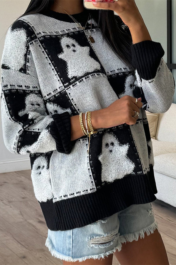Halloween Plaid Ghost Loose Long Sleeve Knitted Sweater-consonak