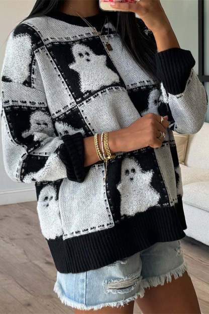 Halloween Plaid Ghost Loose Long Sleeve Knitted Sweater-consonak