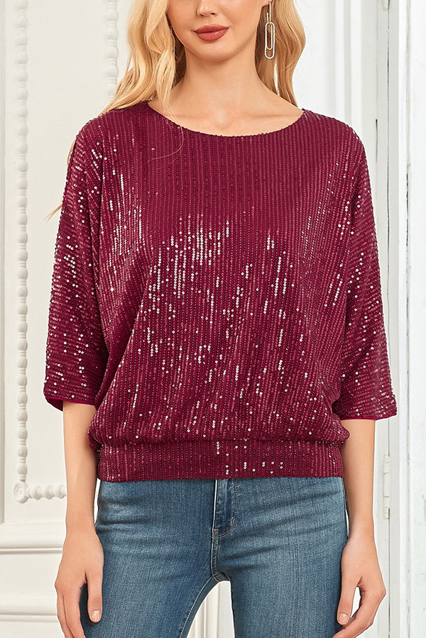Solid Color Sequined Loose Round Neck Casual Top-consonak