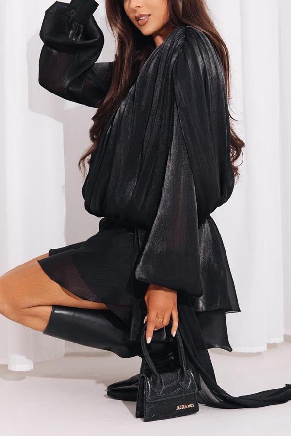 Solid Color Long-sleeved Belted Asymmetrical Mini Dress and Elastic Waist Casual Shorts Set-consonak