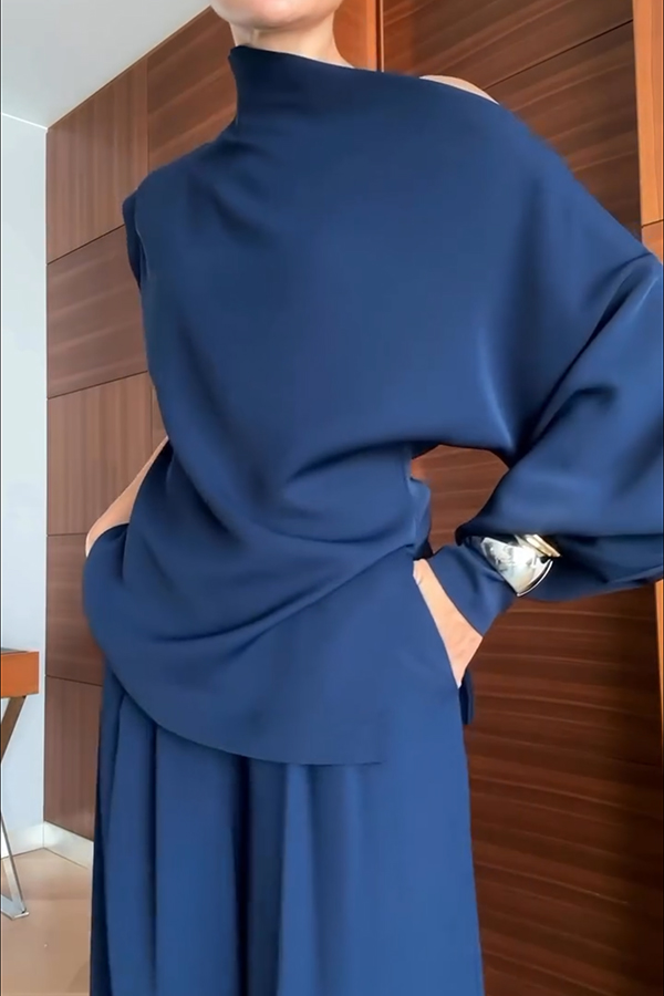 Cleo One Shoulder Irregular Balloon Sleeve Top and High Rise Pleated Button Waist Pocket Loose Pants Set-consonak