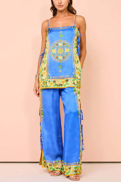 Nara Satin Unique Print Side Lace-up Tank and Elastic Waist Pocketed Wide Leg Pants Set-consonak