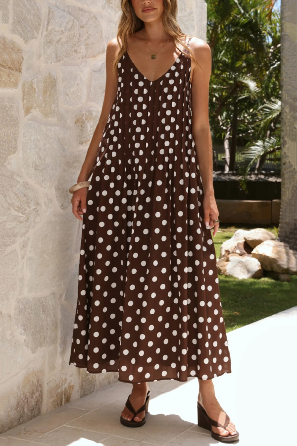 Polka Dot Print V-neck Pleated Casual Vacation Maxi Dress-consonak
