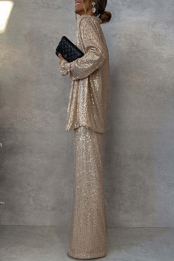 Party Scene Sequin High Rise Elastic Waist Wide Leg  Pants-consonak