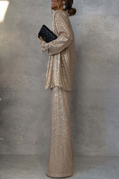 Party Scene Sequin High Rise Elastic Waist Wide Leg  Pants-consonak