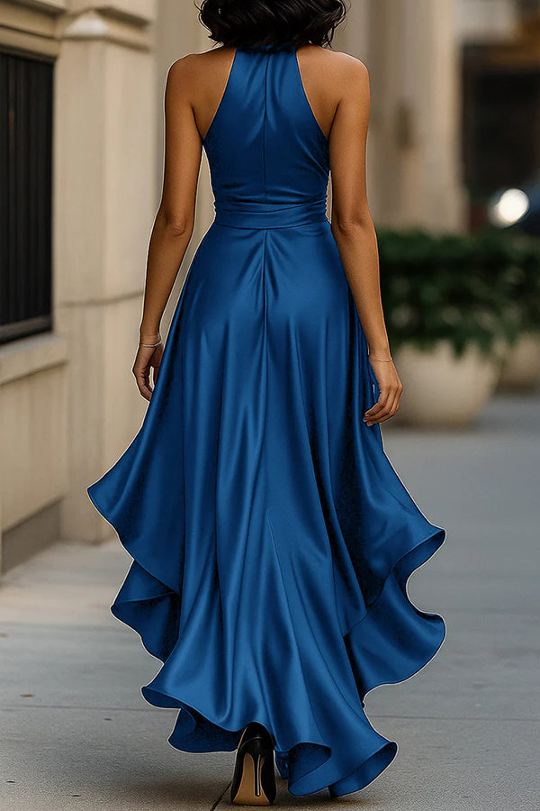 Solid Color Satin V-neck Sleeveless Elegant Ruffle Maxi Dress-consonak