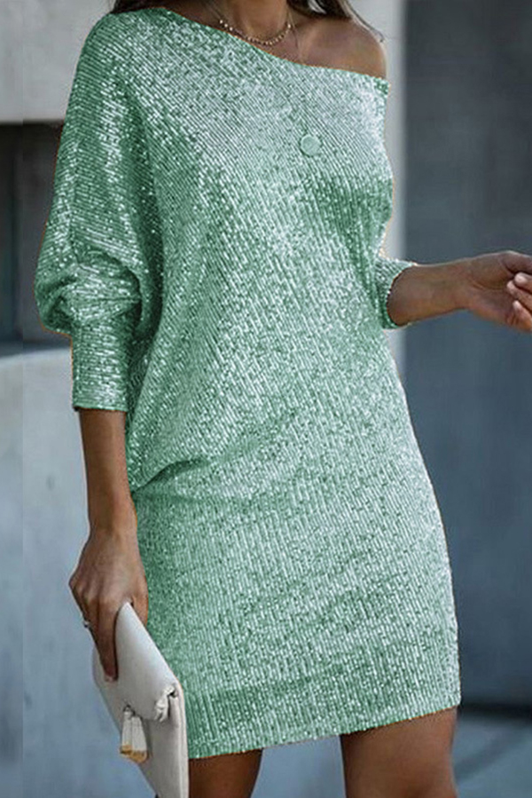 Solid Sequined Off-shoulder Loose Mini Dress | Consonak