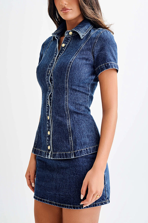 Modern Flavor Denim Short Sleeve Button Up Princess Seams Stretch Top | Consonak