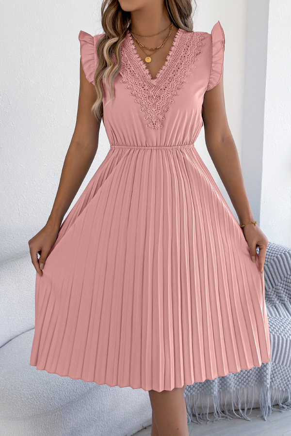 Solid Color V-neck Lace-trimmed Sleeveless Casual Pleated Midi Dress-consonak