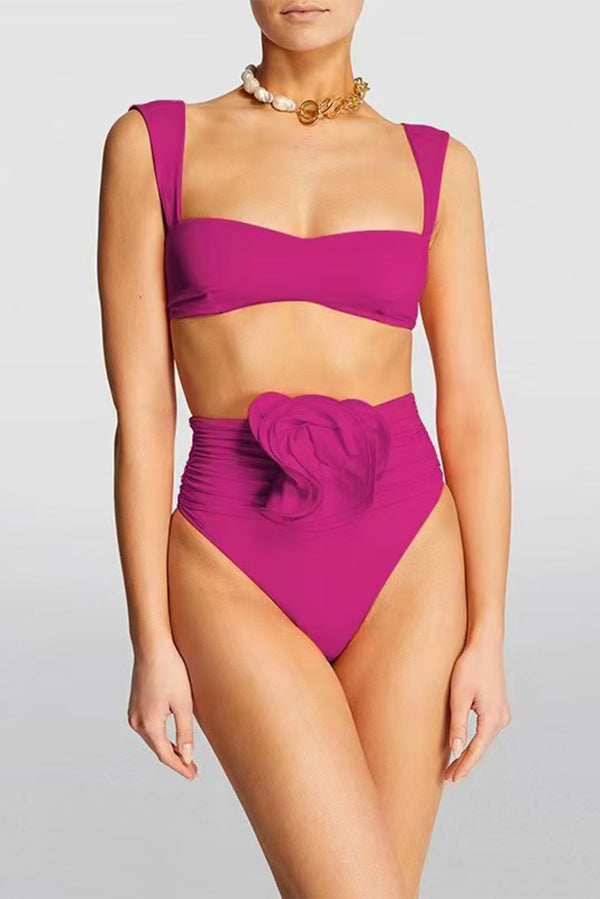 Solid Color Square Neck High Waist 3D Floral Stretch Bikini Swimsuit-consonak