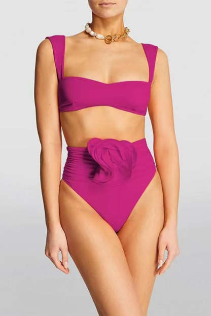 Solid Color Square Neck High Waist 3D Floral Stretch Bikini Swimsuit-consonak