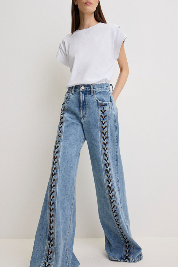 Harloe Denim High Rise Front Center Slit Rope Knot Design Pocket Wide Leg Jeans