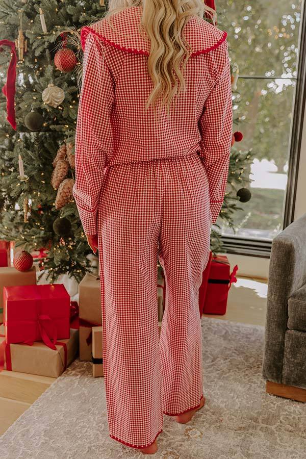 Nutcracker Charm Embroidered Gingham Loose Shirt and Elastic Waist Pajama Set-consonak