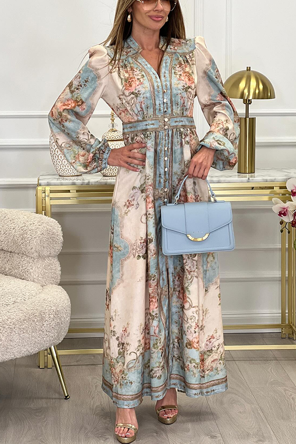 Fresh Pickings Floral Bohemian Print Balloon Sleeve Button Up Maxi Dress-consonak