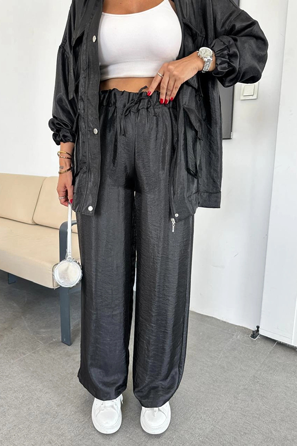 Easy on Me Metallic Fabric Elastic Waist Pocketed Wide Leg Pants | Consonak