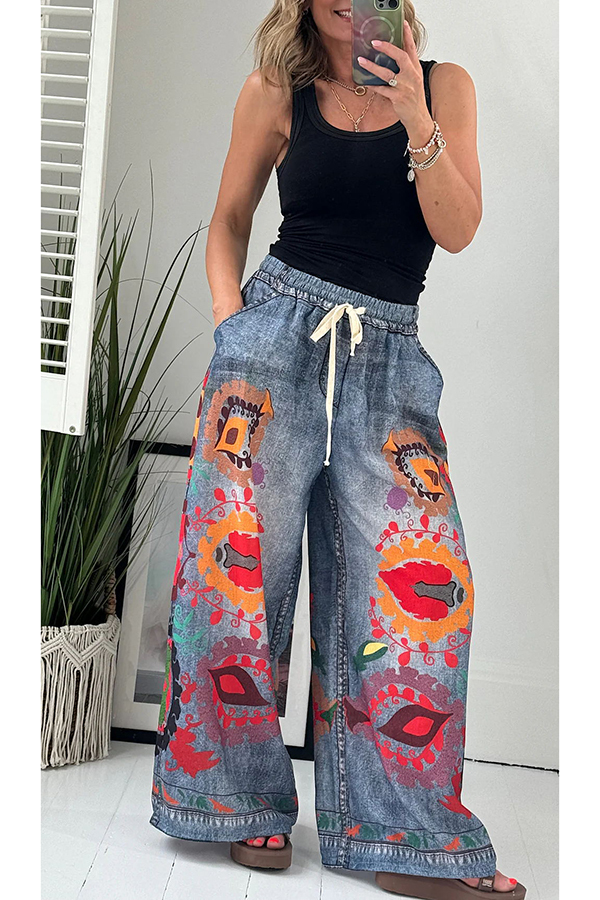 Hippie Style Unique Floral Denim Print Elastic Waist Pocketed Wide Leg Pants-consonak