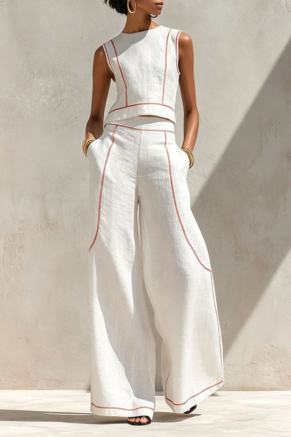 Elysia Contrast-Stitch Linen Two-Piece Set-Consonak