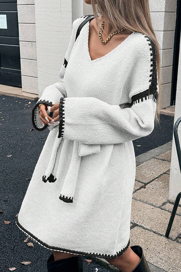 Stylish Loose-fitting Long-sleeved Tie-waist Knit Mini Dress-consonak